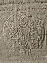 Seal of Stanislaw Kossowski, Starost of Sieradz. Round seal impression. Oval shield with the Dolega