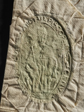 Official seal, archbishop's curia; two seal impressions on a document. Each impression shows a