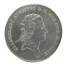 Crown thaler, Mitmaster of the Warsaw Mint Justyn Schröder (1768–1772); obverse: Head of Stanislaw