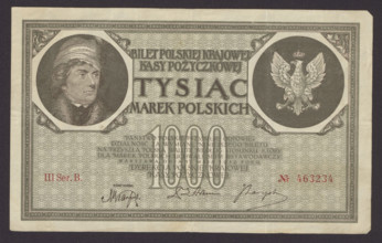 1000 Polish marks banknote (1919). Obverse: decorative medallion at left with image of Tadeusz