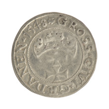 Gdansk grosz, Sigismund I the Old (King of Poland; reign 1506–1548). Silver coin (1548). Obverse: