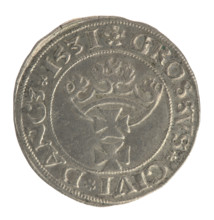 Gdansk grosz, Sigismund I the Old (King of Poland; 1506–1548). Silver coin, 1531. Obverse: Crowned