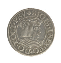 Gdansk grosz, Sigismund I the Old (King of Poland; 1506–1548). Obverse: Crowned male bust in