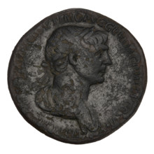 Sestertius, Trajan (53–117; Roman emperor 98–117). Obverse: head of Trajan in laurel wreath facing
