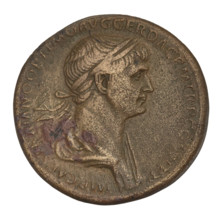 sestertius, Trajan (53–117; Roman emperor 98–117); obverse: head of Trajan in laurel wreath facing
