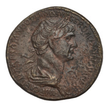 Sestertius, Trajan (53–117; Roman emperor 98–117). Obverse: head of Trajan in laurel wreath facing