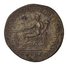 sestertius, Trajan (53–117; Roman emperor 98–117); Fortuna (personification) with horn of plenty