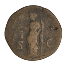 Sestertius of Hadrian (76–138; Roman emperor 117–138). Obverse: bust of Hadrian with laurel wreath