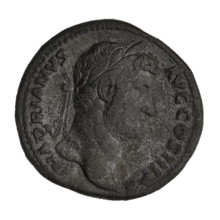 Sestertius of Hadrian (76–138; Roman emperor 117–138). Obverse: Bust of Hadrian with laurel wreath