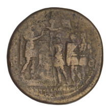 sestertius, Hadrian (76–138; Roman emperor 117–138), laurel wreaths, banners, busts, soldiers,