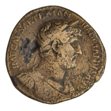 Sestertius of Hadrian (76–138; Roman emperor 117–138). Obverse: bust of Hadrian facing right
