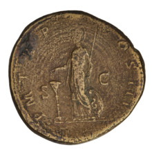 Sestertius of Hadrian (76–138; Roman emperor 117–138). Obverse: bust of Hadrian facing right