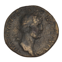 Sestertius of Hadrian (76–138 CE; Roman emperor 117–138). Obverse: laureate bust of Hadrian facing