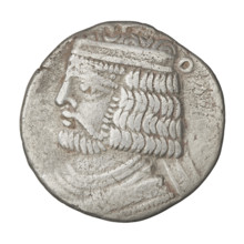 Tetradrachm of Vardanes II (55–58 CE). Obverse: bust of Vardanes II wearing a diadem, facing left.