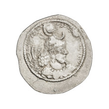 Drachma of Bahram IV (ruler of Persia, 389–399). Obverse: Bust of Bahram IV facing right, wearing a