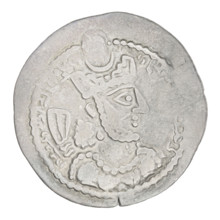 Drachma of Bahram V (ruler of Persia; 420–438). Obverse: bust of Bahram V facing right; he wears a
