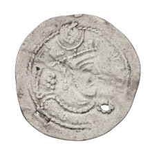 Drachma of Bahram V (ruler of Persia, 420–438). Obverse: bust of Bahram V facing right, wearing a