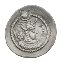 Drachma of Peroz I (ruler of Persia, 459–484). Obverse: bust of Peroz facing right wearing a crown