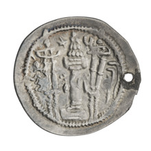 Drachma of Balashi (484–488). Obverse: bust of Balashi facing right wearing a crown with a crescent