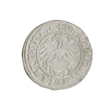 Lithuanian half-grosz, Sigismund I the Old (king of Poland; 1506–1548). Obverse: Pogon turned left;
