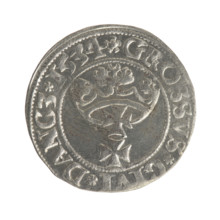 Gdansk grosz, Sigismund I the Old (King of Poland; 1506–1548). Silver coin (1534). Obverse: Crowned