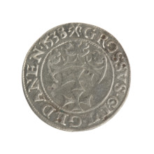 Gdansk grosz, Sigismund I the Old (King of Poland; 1506–1548). Silver coin (1538). Obverse: Crowned