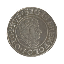 Gdansk grosz, Sigismund I the Old (King of Poland; 1506–1548). Silver coin (grosz). Obverse: