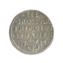 Gdansk trojak, Sigismund I the Old (King of Poland; 1506–1548). Obverse: crowned male bust in