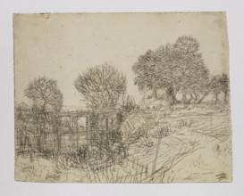 Canal with a wooden bridge among trees; by Feliks Jablczynski (1865–1928); Polish graphic artist;