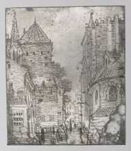 A street in a medieval town; Feliks Jablczynski (1865–1928), graphic artist; tenement houses;