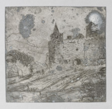 Landscape with a fortified castle on a hill; verso: Fragment of a wall with a pointed-arch door.