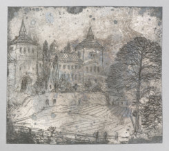 View of an impressive building with a corner tower; Feliks Jablczynski (1865–1928), Polish graphic