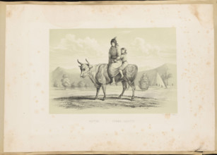 Yakut woman with a child riding an ox. Lithograph after a drawing by Leopold Nemirovsky