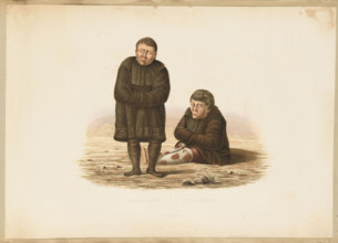 Two Koryak nomads ('reindeer herders') in fur coats and long fur boots. Drawing for a lithograph