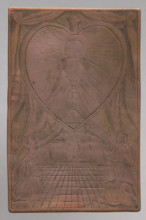 Angels adoring the Blessed Sacrament. The engraving depicts a chalice with a host within rays
