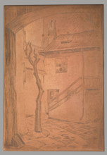 Yard with a dead tree; graphic artist; trees; urban courtyards; tenement houses; Polish graphics;