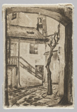 Yard with a dead tree; graphic artist; trees; urban courtyards; tenement houses; Polish graphics;