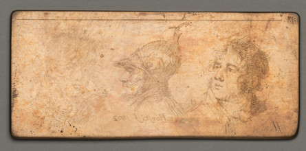 Three heads next to each other, the middle one of a knight in a helmet; men, physiognomic studies,