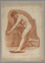 Study of a nude man, kneeling on one knee, the other leg stretched out to the side. Drawn/engraved
