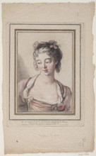 Bust of a young woman looking down, with a rose by her low-cut dress. Composition in a gold frame