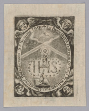 Graphic artist; angel heads; allegorical-symbolic bookplate; religious bookplate; lilies; Eye of