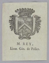 M. Rey bookplate with flowers and plant ornaments, heraldic-text bookplate featuring coat of arms