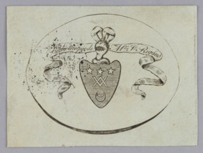 Bookplate of the Rigaud family; heraldic bookplate with coat of arms featuring stars, heraldic