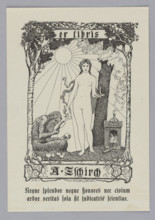 Two figures in a landscape: in the center, a standing nude woman with flowing hair (Veritas)