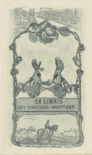 Ex libris of Kaeta Schultess-Kauffmann; artist: Kauffmann, Jean (1866–1924). Heraldic-text