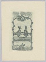 Ex libris bookplate for Kaeta (Kaety) Schulthess-Kauffmann, 1909. Graphic print (Lucerne), height 9