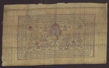 Banner with depictions of various offerings in honor of one of the 84 mahasiddhas, Manibhadra;