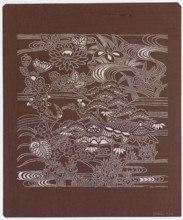 Ise katagami dyeing stencil - landscape with a house by the water, pine tree, irises,