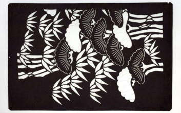 Katagami dyeing stencil; large stylized pattern with a bamboo and pine motif; maker: author;