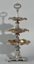 Etazera by Józef Fraget (Warsaw; silver and plated goods factory; 1824–1945). Three-tiered platter